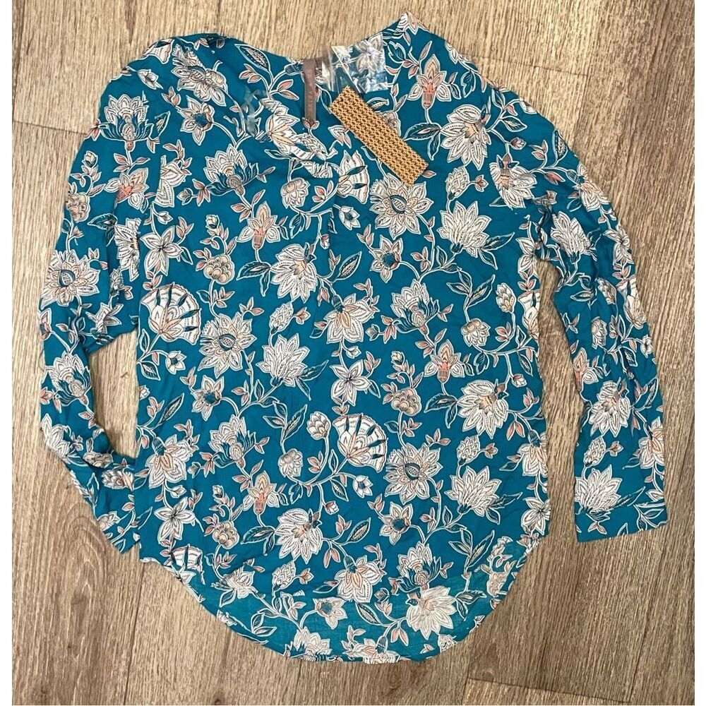 Brina & Em Long Sleeve Floral Teal Rayon Blouse Small